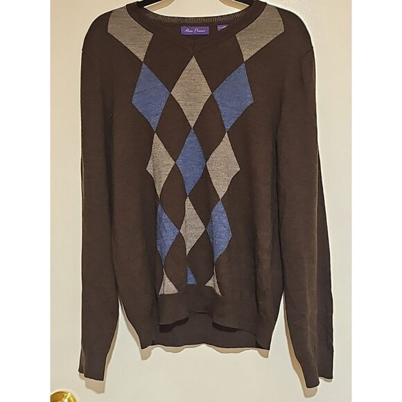 Alan Flusser Argyle Mens Sweater Merino Wool Large Dark Brown Preppy Old Money - Picture 1 of 6